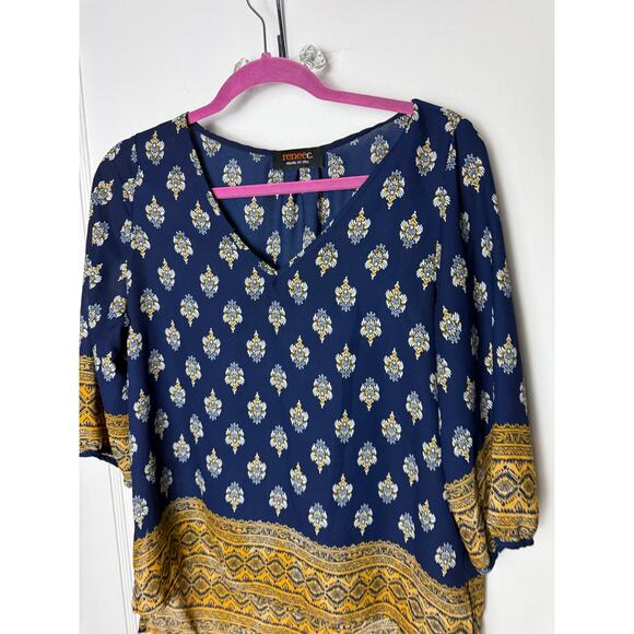 Renee C Block Print Flowy Blouse Women's Small Navy Blue Gold V-neck Top Shirt - Picture 2 of 5